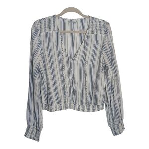 Hollister Large Blue and White Striped Cropped Blouse Smocked Waist Casual